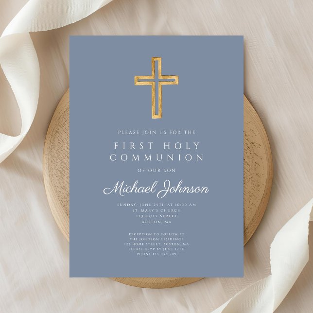Invitation Dusty Blue Religious Cross Boy First Communion (Dusty Blue Religious Cross Boy First Communion Invitation)