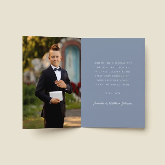 Invitation Dusty Blue Religious Cross Boy First Communion (Créateur téléchargé)
