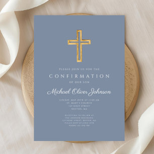 Invitation Dusty Blue Religious Wood Cross Boy Confirmation d
