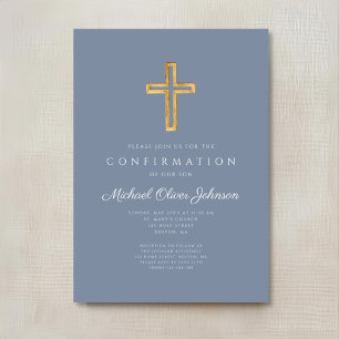 Invitation Dusty Blue Religious Wood Cross Boy Confirmation d
