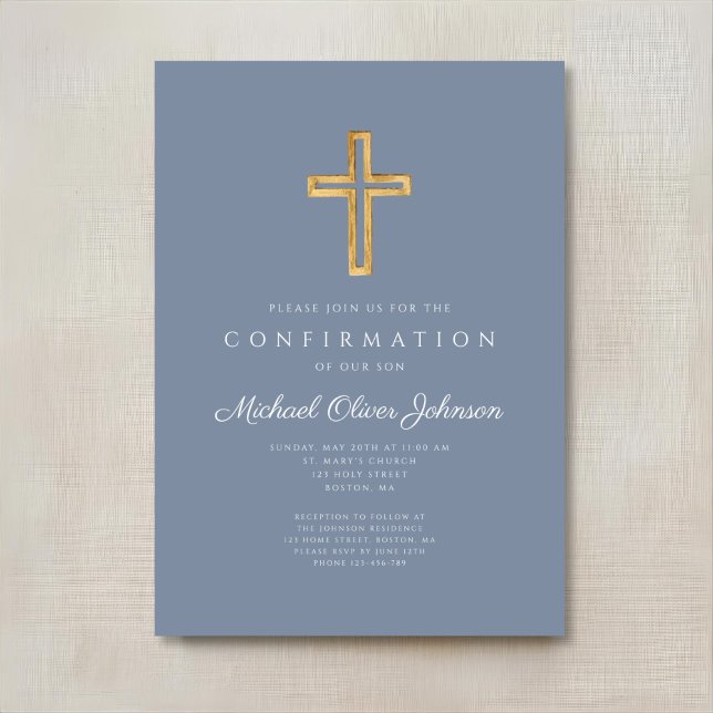 Invitation Dusty Blue Religious Wood Cross Boy Confirmation d (Dusty Blue Religious Wood Cross Boy Confirmation Invitation)