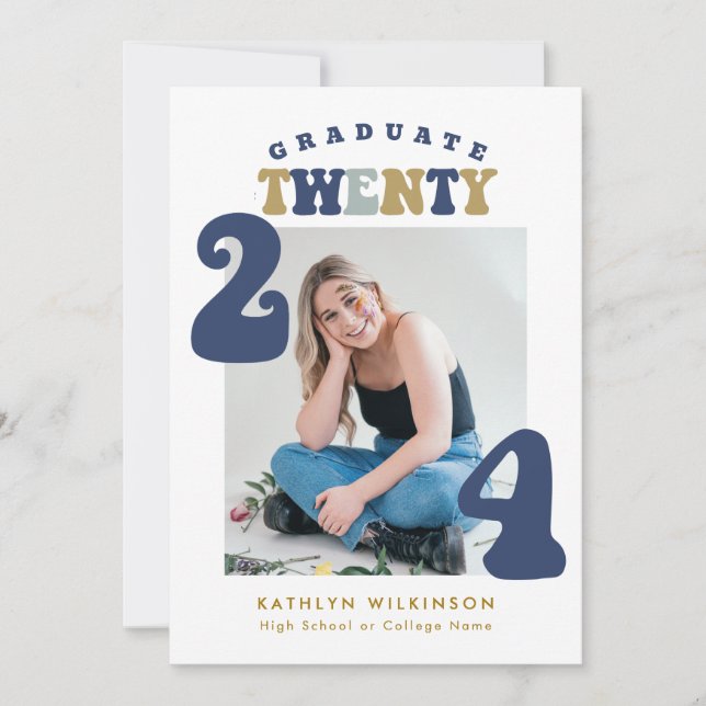 Invitation Dusty Blue Retro Script Super Photo Graduation (Devant)