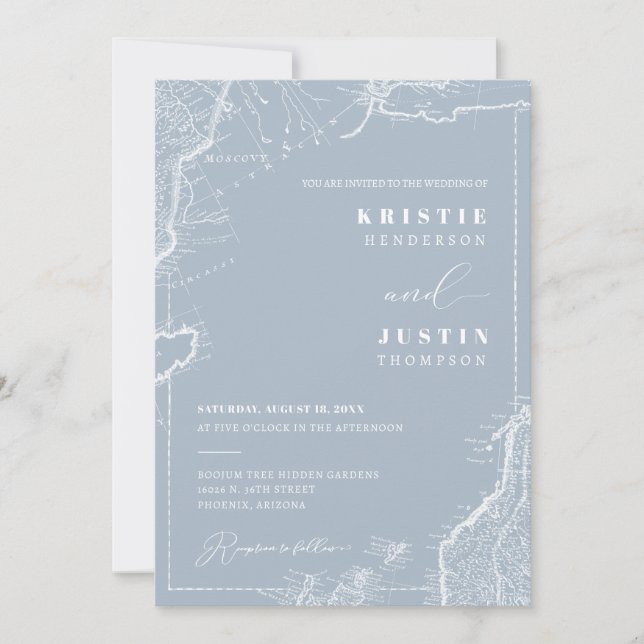 Invitation Dusty Blue Retro Voyage QR Code Mariage photo (Devant)