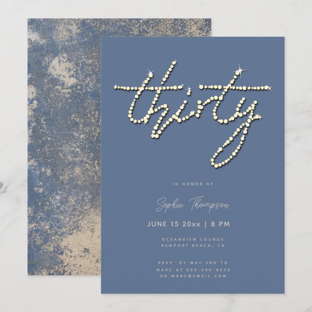 Invitation Dusty Blue Rhinestones Calligraphie 30e anniversai (Devant / Derrière)