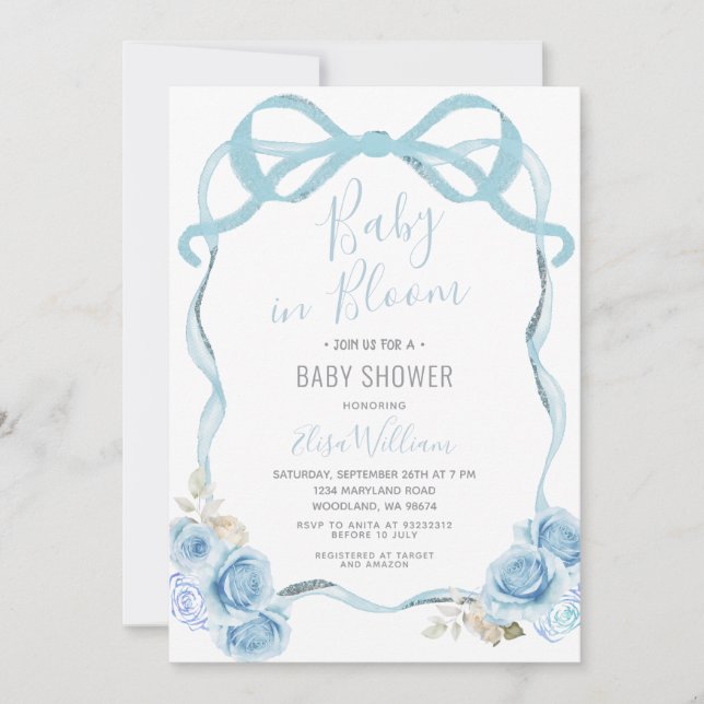 Invitation Dusty Blue Ribbon Bow Baby in Bloom (Devant)