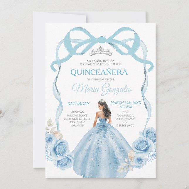 Invitation Dusty Blue Ribbon Bow Princess Mis Quince (Devant)