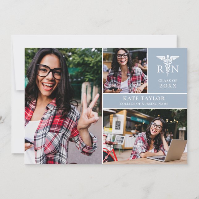 Invitation Dusty Blue RN Nursing 3 Photo Graduation Party (Devant)