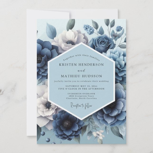 Invitation Dusty Blue Romantic Flora Wedding (Devant)