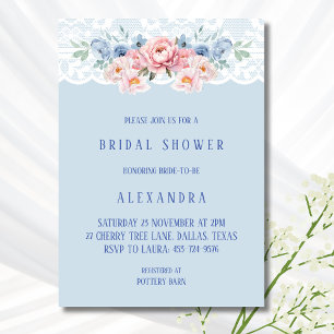 Invitation Dusty Blue Romantic Rose Floral Fête des mariées d