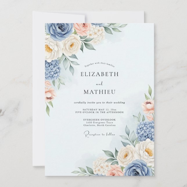Invitation Dusty Blue Romantic Watercolor Wedding (Devant)