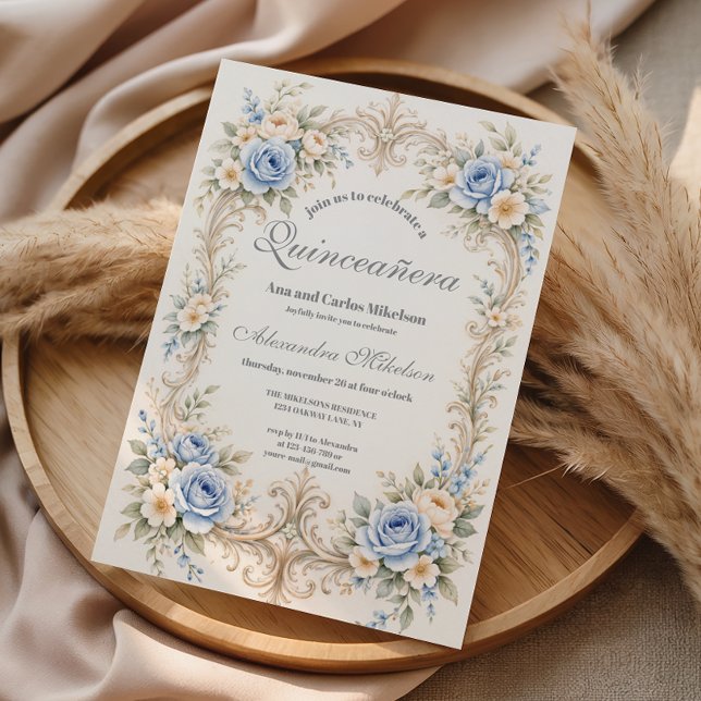 Invitation Dusty Blue Rose Baroque Quinceañera (Créateur téléchargé)