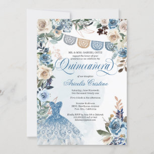 Invitation Dusty Blue Rose Fleurs de Pays Quinceañera