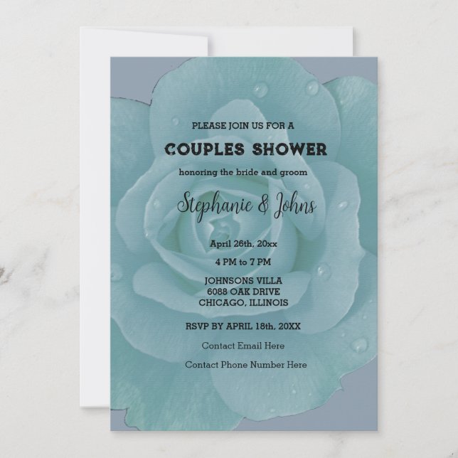 Invitation Dusty Blue Rose Floral Couple Cool de douche Maria (Devant)