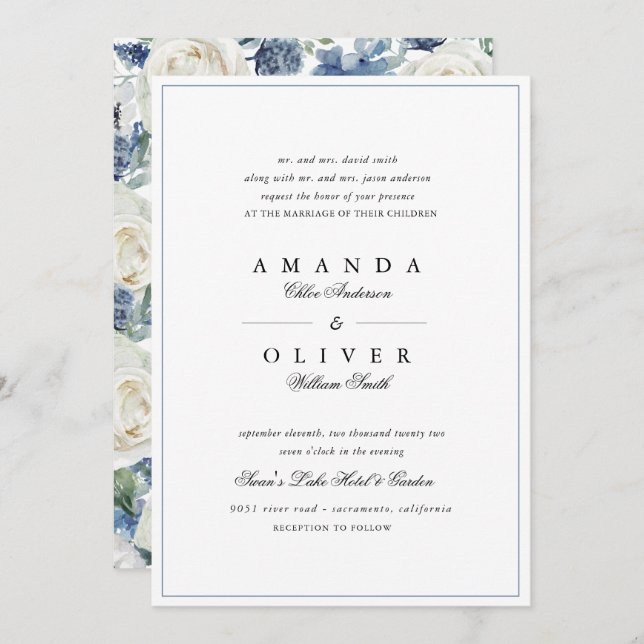 Invitation Dusty Blue Rose Floral Elegant Classic Mariage  (Devant / Derrière)