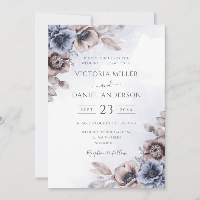 Invitation Dusty Blue Rose Floral Mariage botanique (Devant)
