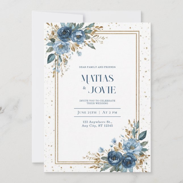 Invitation Dusty Blue Rose & Gold Botanical Mariage (Devant)