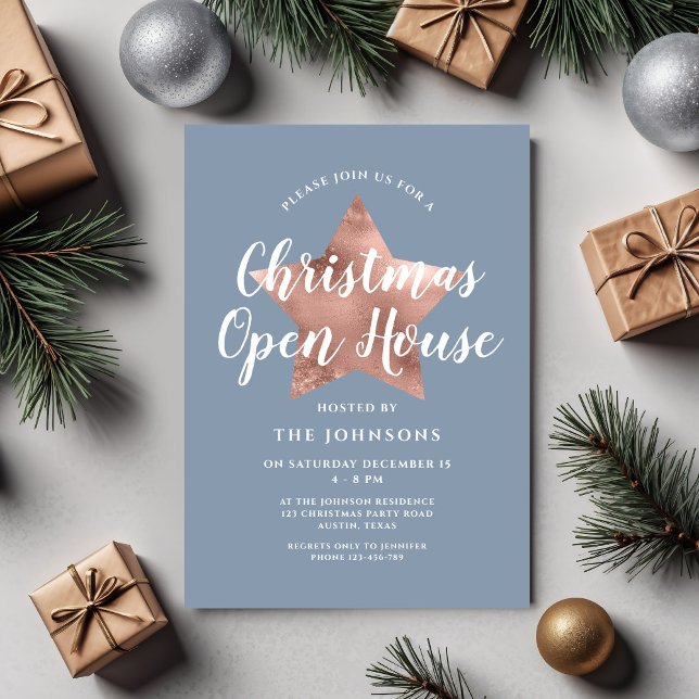 Invitation Dusty Blue Rose Gold Star Christmas Open House (Dusty Blue Rose Gold Star Christmas Open House Invitation)