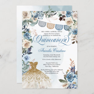Invitation Dusty Blue Rose Papel Picado Pays Quinceañera