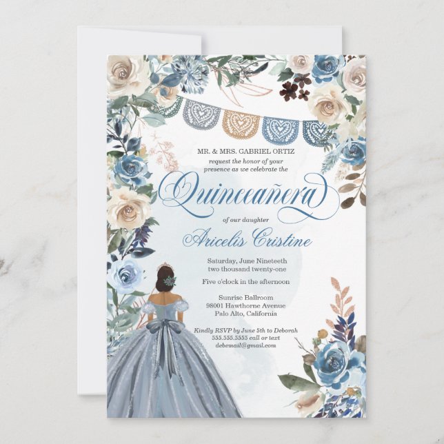 Invitation Dusty Blue Rose Rustic Country Quinceañera Invitat (Devant)