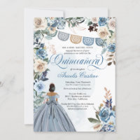 Dusty Blue Rose Rustic Country Quinceañera Invitat