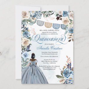 Invitation Dusty Blue Rose rustique Pays Quinceañera
