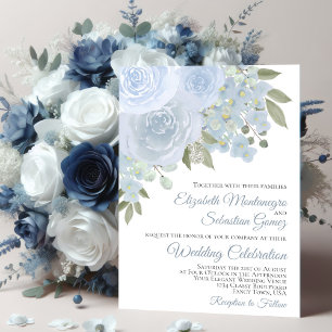 Invitation Dusty Blue Roses & Blossoms Mariage élégant