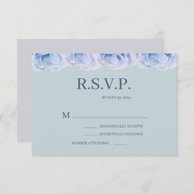 Invitation Dusty Blue Roses Sage élégant mariage floral RSVP (Devant / Derrière)