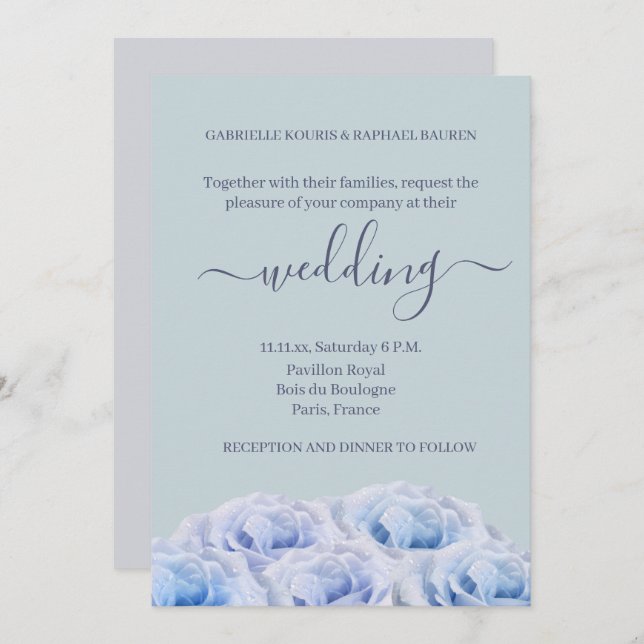 Invitation Dusty Blue Roses Sage Grey Élégant Mariage floral (Devant / Derrière)
