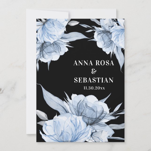 Invitation *~* Dusty Blue RSVP Floral Rose AR15 Mariage (Devant)