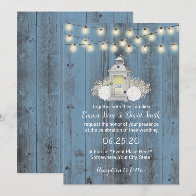 Invitation Dusty Blue Rustic Lantern & String Mariage (Devant / Derrière)