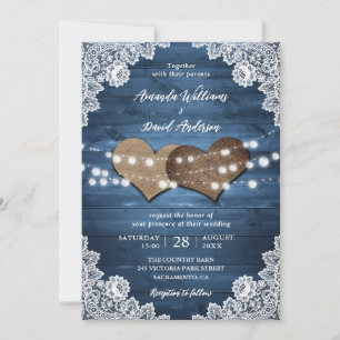 Invitation Dusty Blue Rustic Wood Burlap Lights Mariage