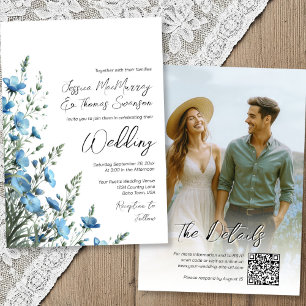 Invitation Dusty Blue Sage Boho Fleur sauvage Photo QR Mariag