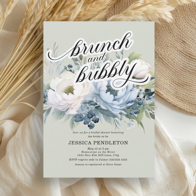 Invitation Dusty Blue Sage Green Bridal Brunch Bubbly (Dusty blue and white watercolor floral Brunch and Bubbly Bridal Shower invitation)