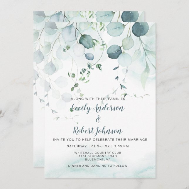 Invitation Dusty Blue & Sage Green Eucalyptus Mariage (Devant / Derrière)