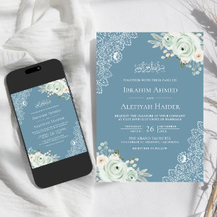 Invitation Dusty Blue Sage Green Floral Lace Mariage musulman