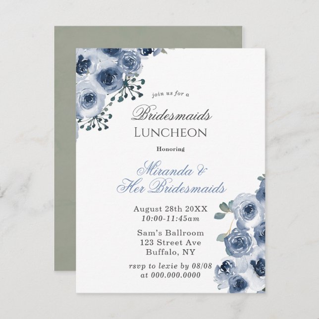 Invitation Dusty Blue Sage Peony Bridesservantes Déjeuner (Devant / Derrière)