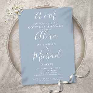 Invitation Dusty Blue Script Monogram Couples Wedding shower