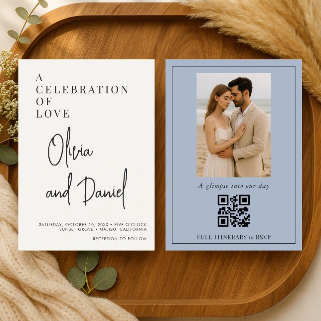 Invitation Dusty Blue Script Photo QR Code Wedding (Créateur téléchargé)