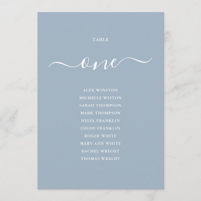 Invitation Dusty Blue Script Table Number 1 Seating Chart (Devant)