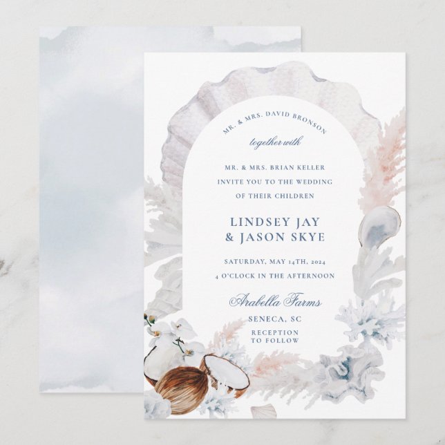 Invitation Dusty Blue Seashell Pampas Beach Arch Mariage (Devant / Derrière)