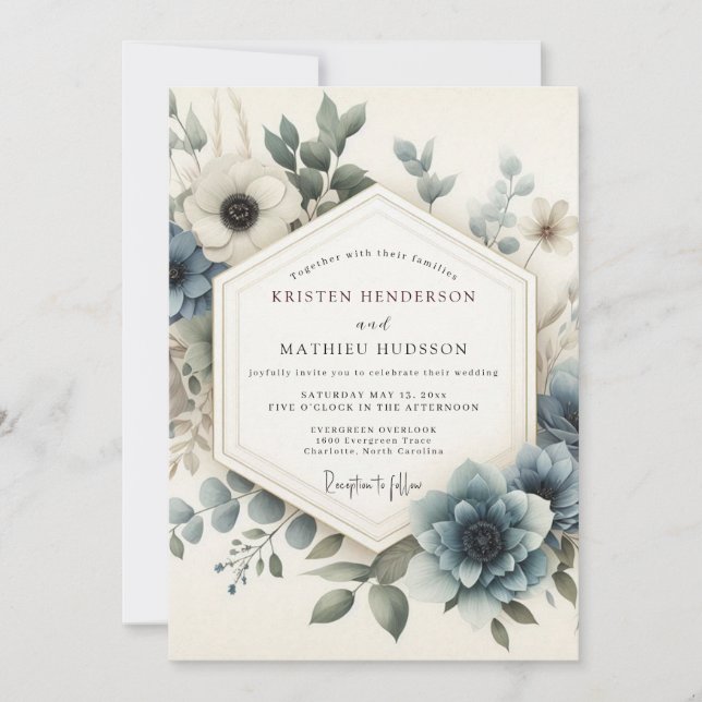 Invitation Dusty Blue Serene Bloom Wedding (Devant)