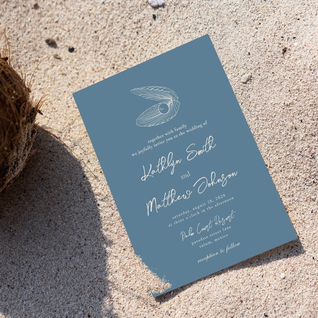 Invitation Dusty Blue Shell Beach Ocean Destination Mariage (Créateur téléchargé)