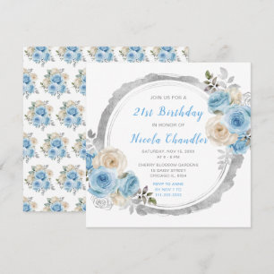 Invitation Dusty Blue Silver Fleurs élégantes fête d'annivers