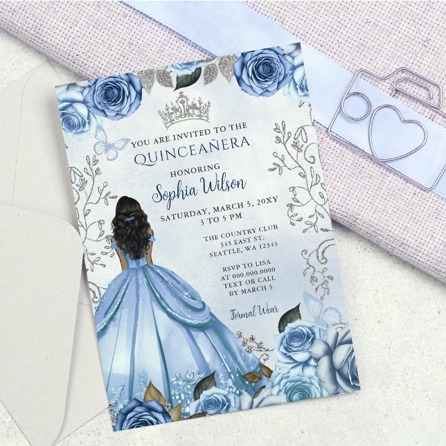 Invitation Dusty Blue Silver Floral Princess Quinceañera (Dusty Blue Silver Floral Princess Quinceañera Invitation)