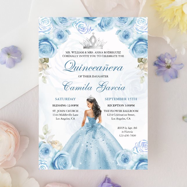 Invitation Dusty Blue & Silver Floral Princess Quinceañera (Créateur téléchargé)