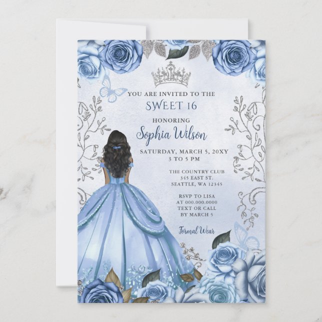 Invitation Dusty Blue Silver Floral Princess SWEET 16 (Devant)