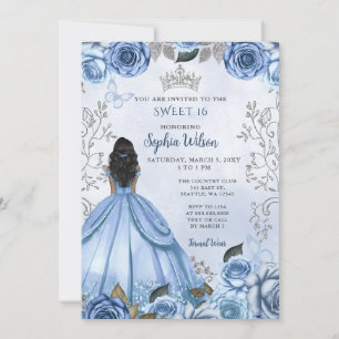 Invitation Dusty Blue Silver Floral Princess SWEET 16