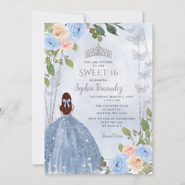 Invitation Dusty Blue Silver Floral Princess Sweet 16 (Devant)
