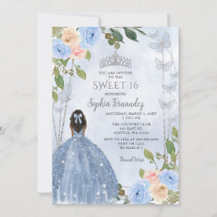 Invitation Dusty Blue Silver Floral Princess Sweet 16