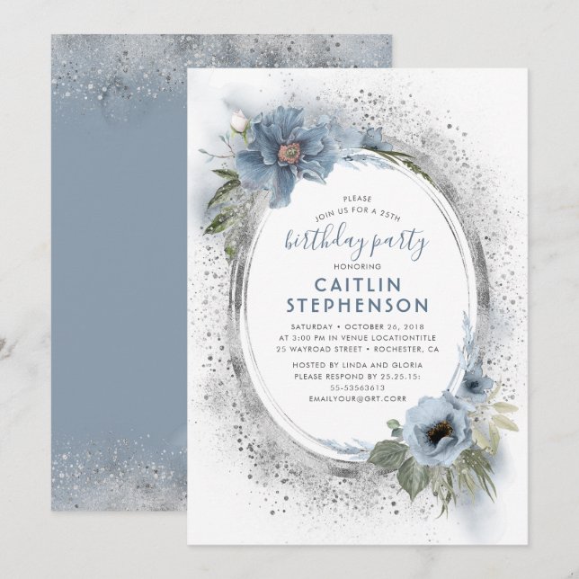 Invitation Dusty Blue Silver Parties scintillant Floral Anniv (Devant / Derrière)